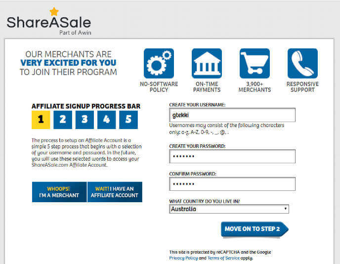 ShareASale - Choose username and password.